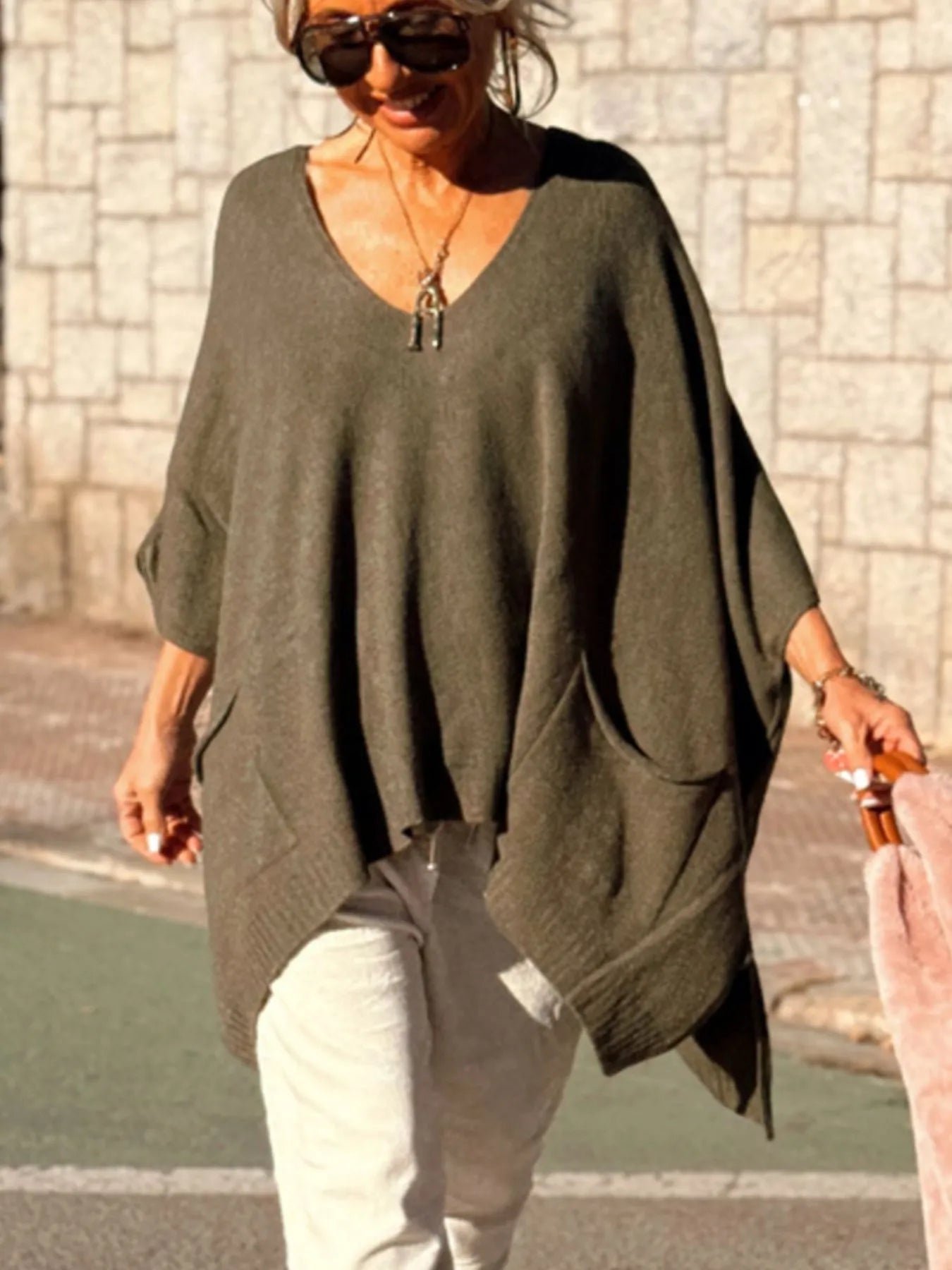 Ribbed Hem V-Neck Sweater