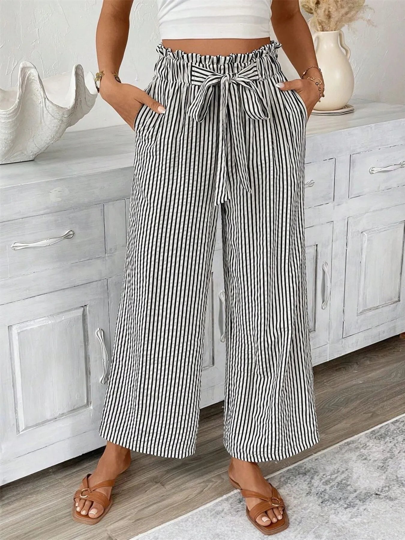 Full Size Striped Wide Leg Paper Bag Pants Plus Size