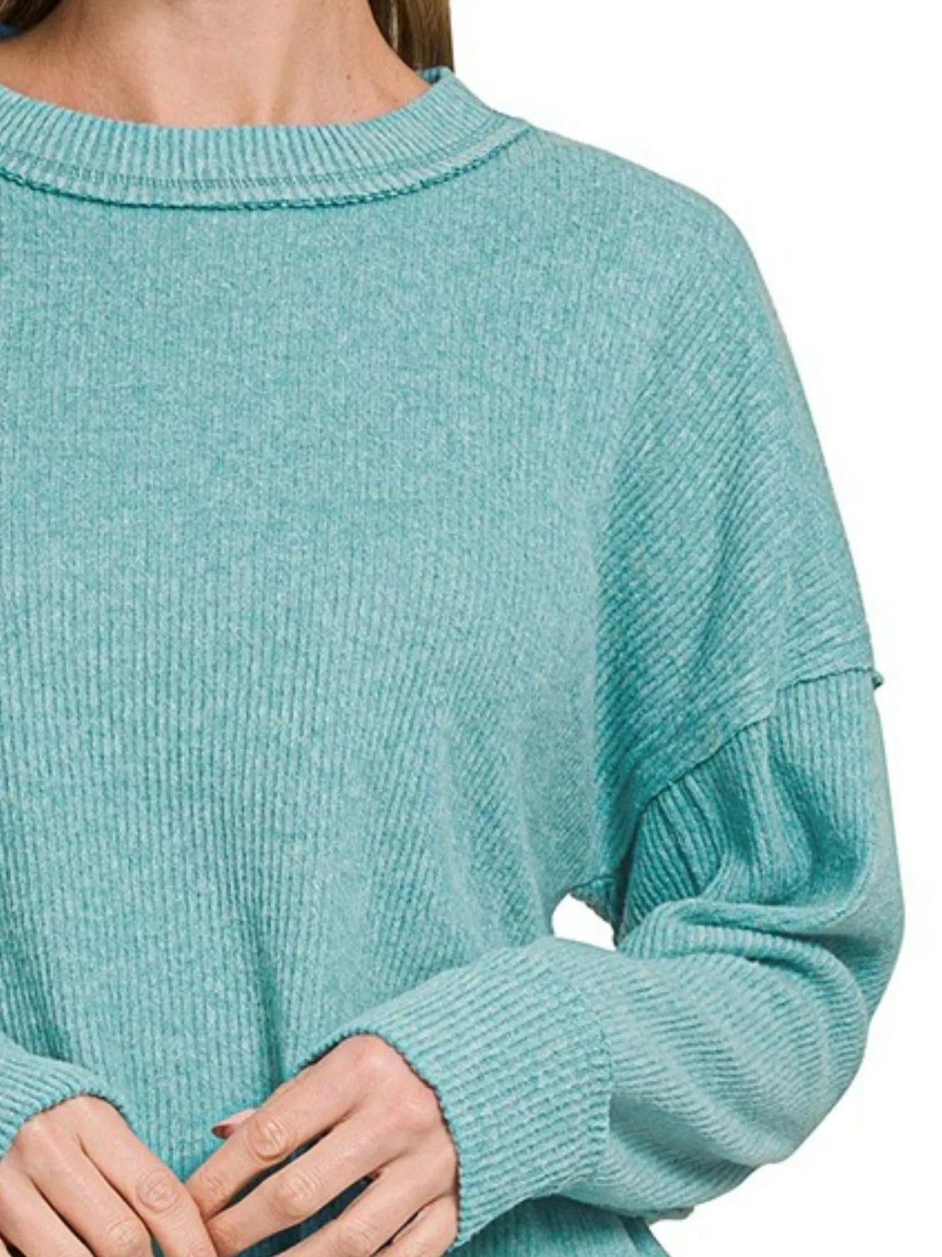 Zenana Brushed Ribbed Hacci Drop Shoulder Sweater