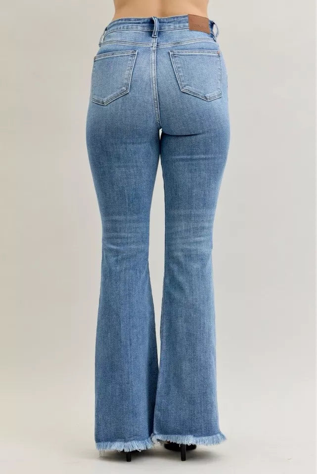 Judy Blue High Waist Flare Fray Hem Jeans with Front Pintuck Detail