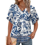 Womens Summer V-Neck Petal Sleeve Blouse Casual