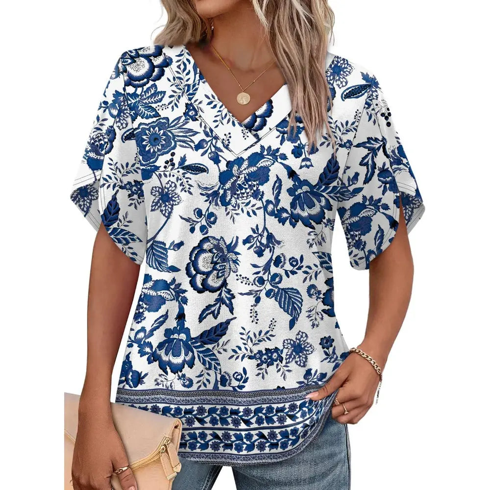 Womens Summer V-Neck Petal Sleeve Blouse Casual