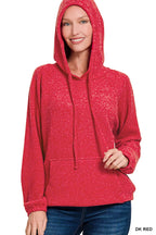 Zenana Brushed Hacci Melange Hooded Sweater