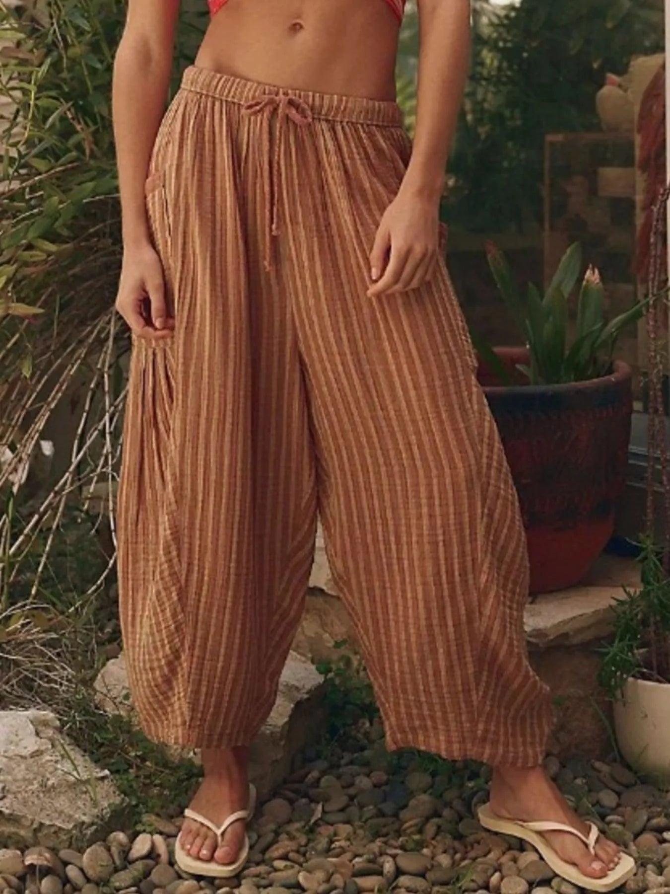 Full Size Striped Wide Leg Casual Pants Plus Size