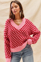 SO ME Color Block Textured Christmas Sweater V Neck Top