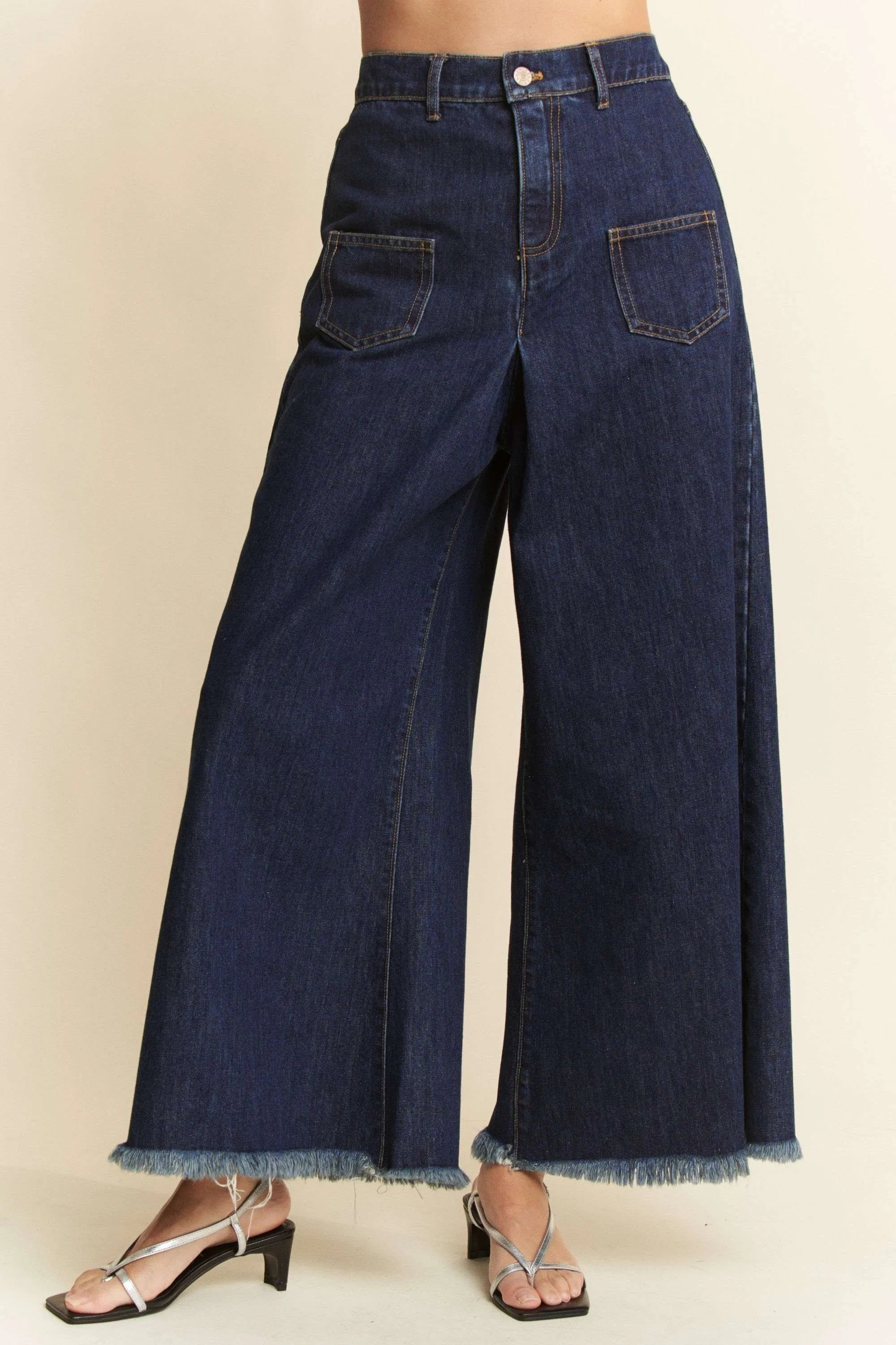Davi & Dani Patch Pocket Wide Leg Culotte Jeans