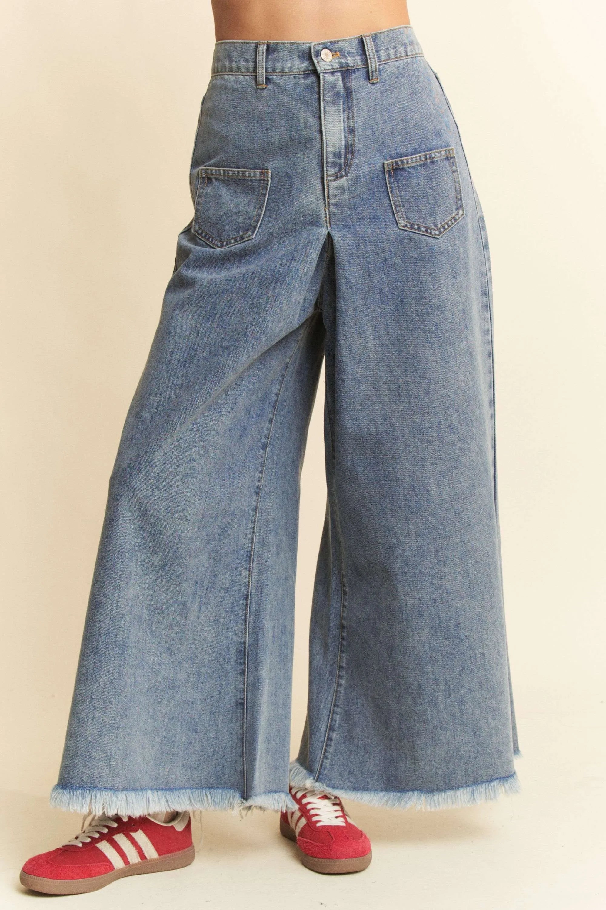 Davi & Dani Patch Pocket Wide Leg Culotte Jeans
