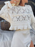 Crochet Ruffled Hem Long Sleeve Sweater