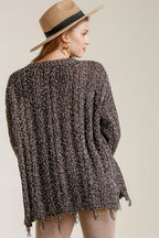 Umgee Full Size Frayed Hem Cable Knit Round Neck Sweater Plus Size