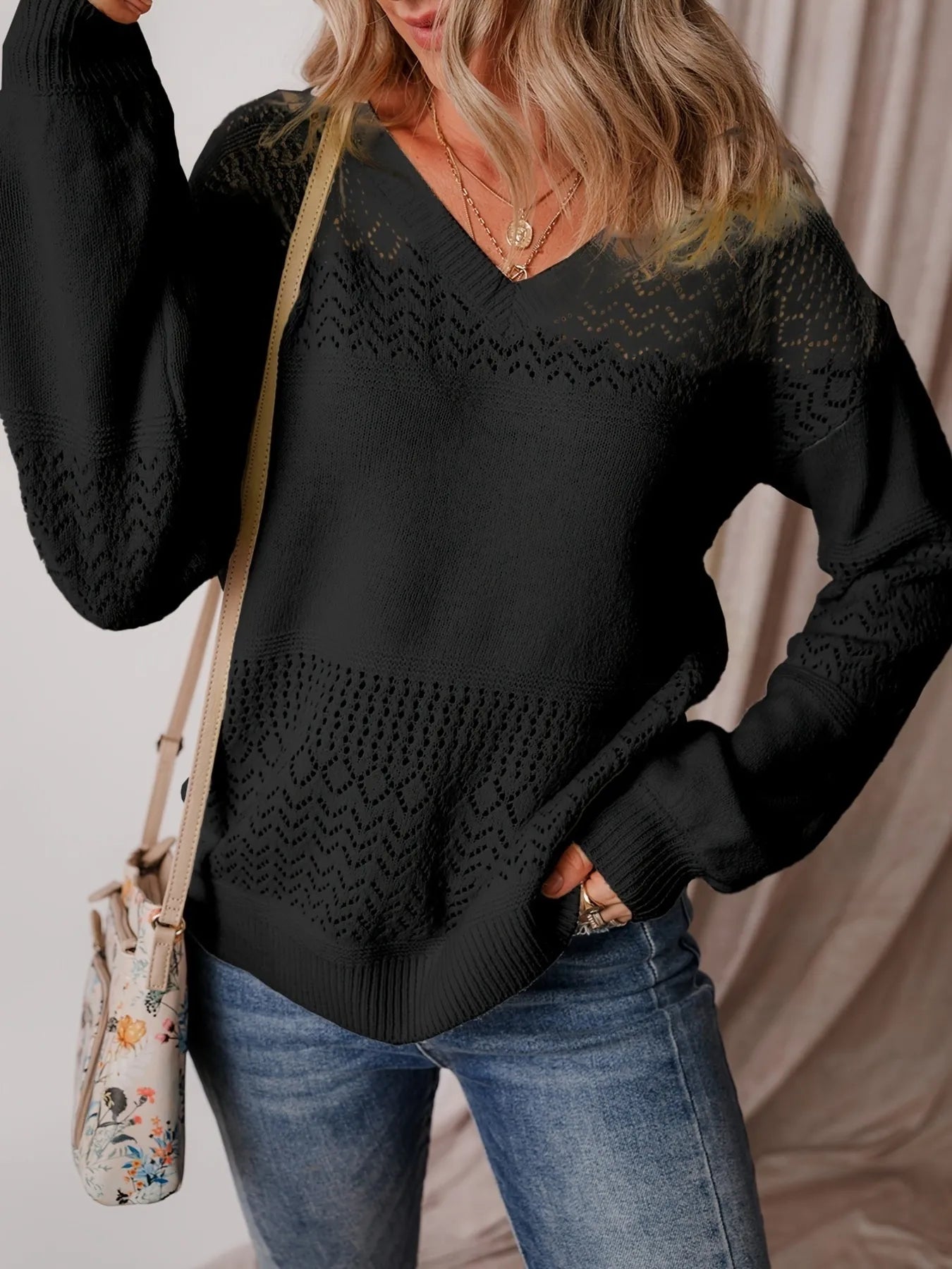 Eyelet Deatil V-Neck Long Sleeve Sweater
