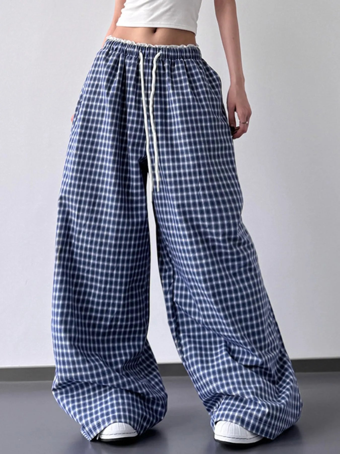 Drawstring Plaid Wide Leg Pants