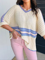 Striped V Neck Dolman Sleeve Rib Knit Oversized Sweater with Slits