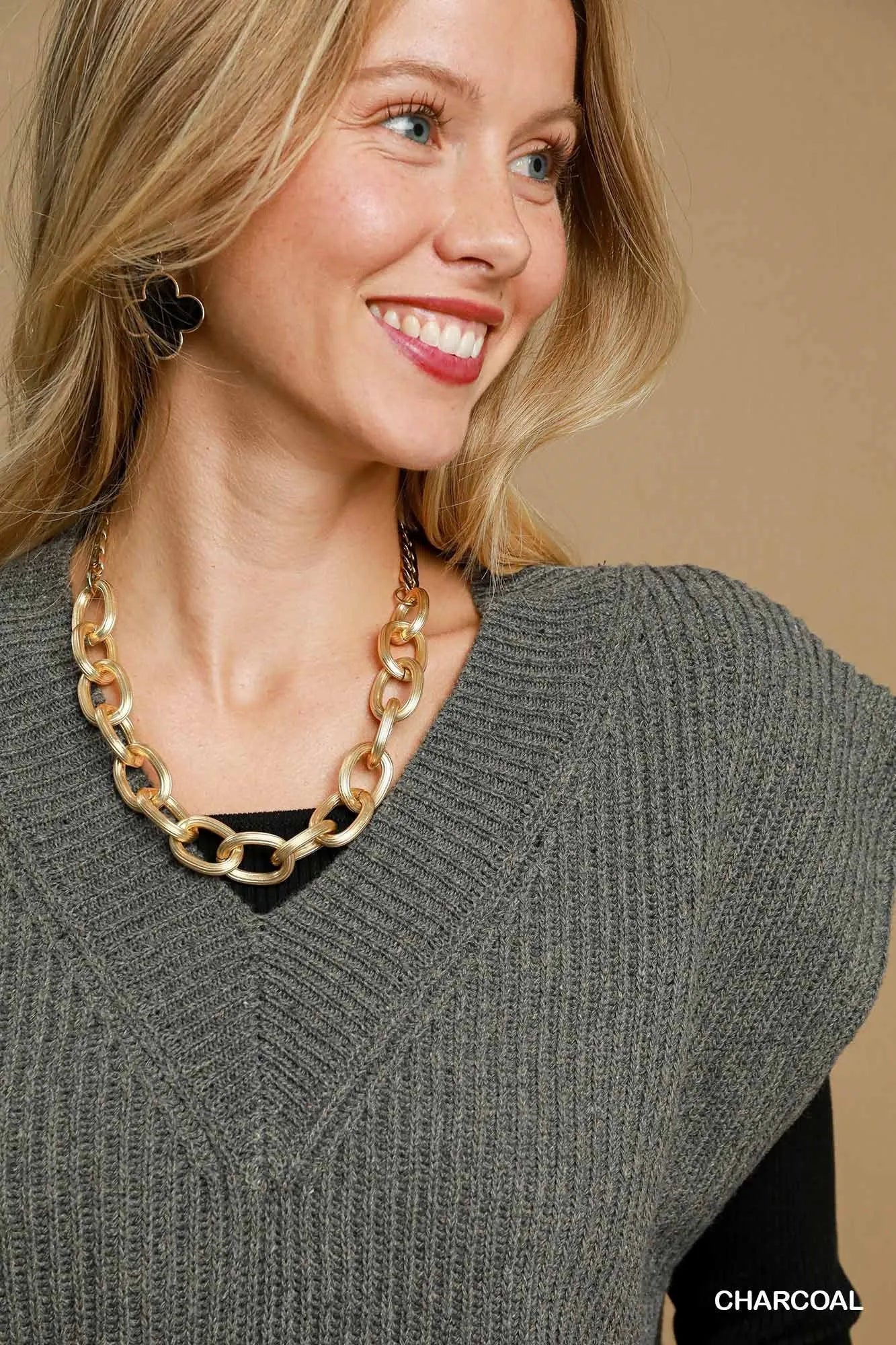 Umgee Oversized V Neck Ribbed Sweater Vest