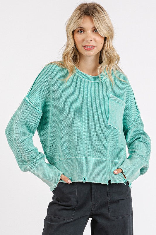 Mittoshop Distressed Hem Round Neck Dropped Shoulder Sweater