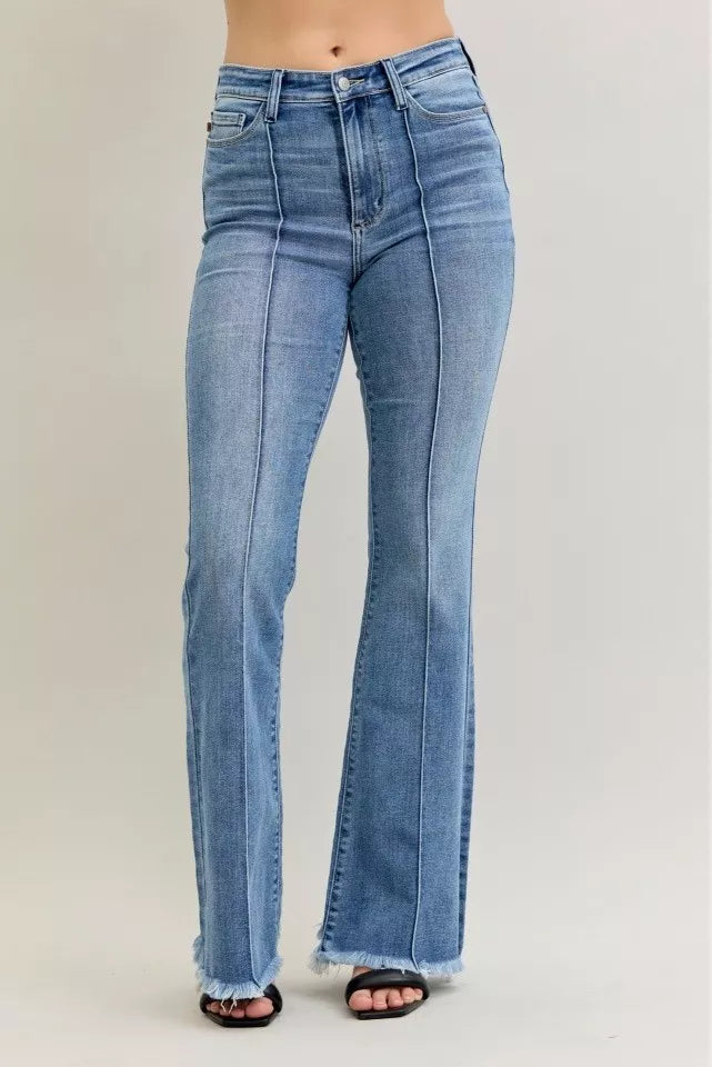 Judy Blue High Waist Flare Fray Hem Jeans with Front Pintuck Detail