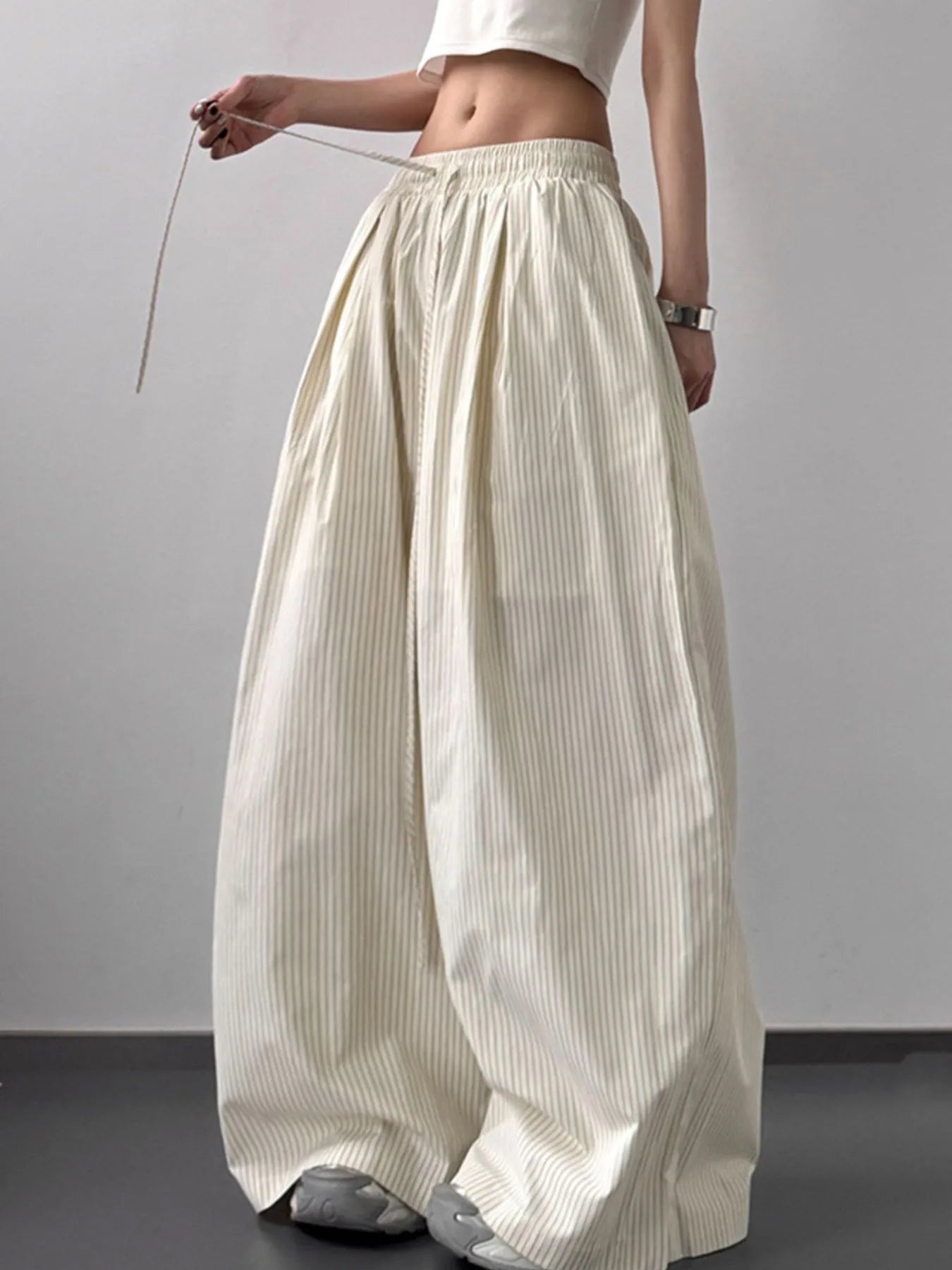 Striped Wide Leg Pants with Drawstring Waist
