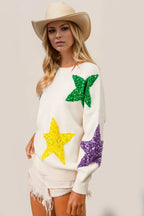 Double Take Sequin Star Round Neck Dropped Shoulder Sweater