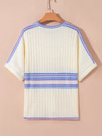 Striped V Neck Dolman Sleeve Rib Knit Oversized Sweater with Slits