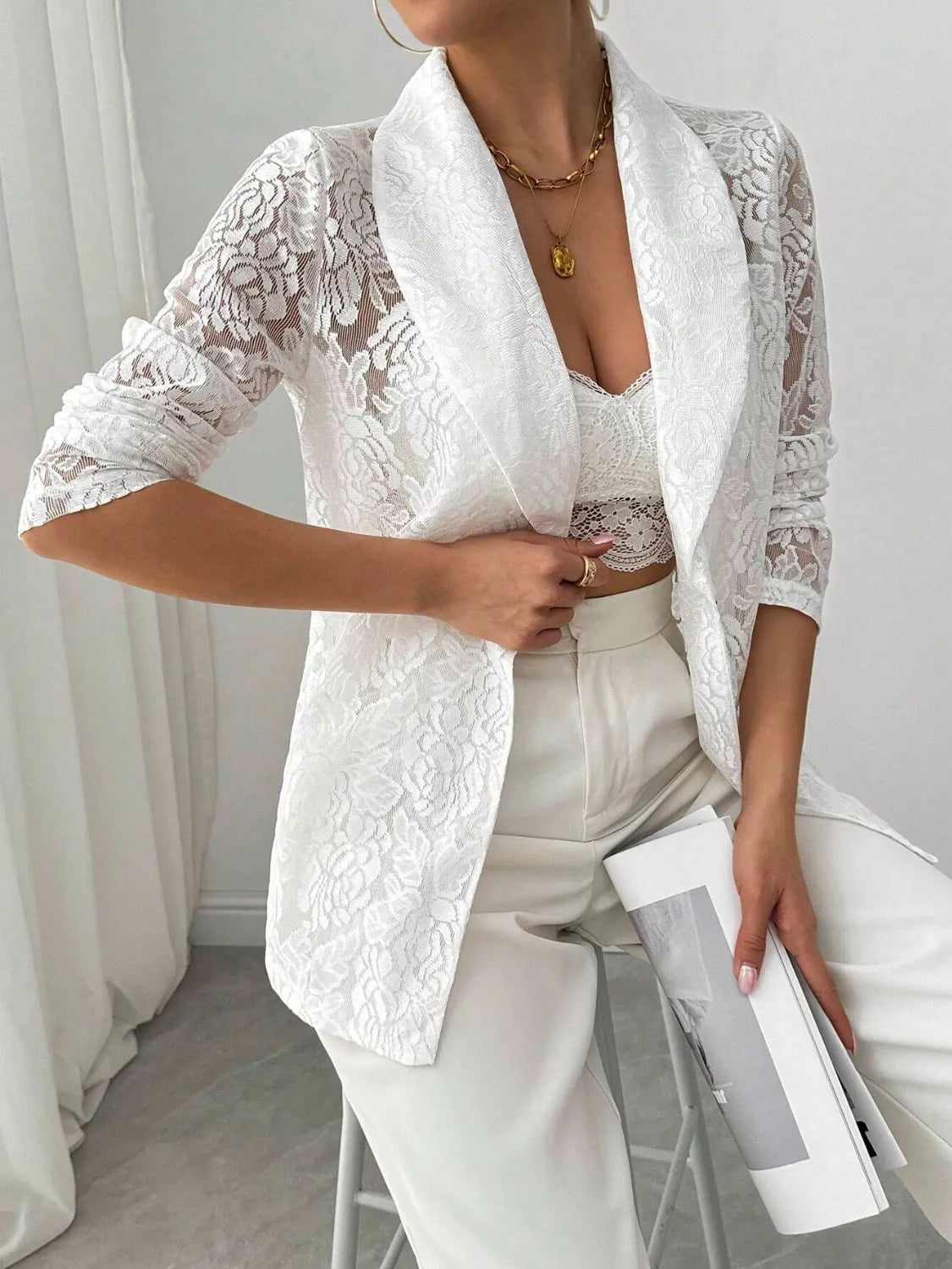Lace Lapel Collar Long Sleeve Blazer