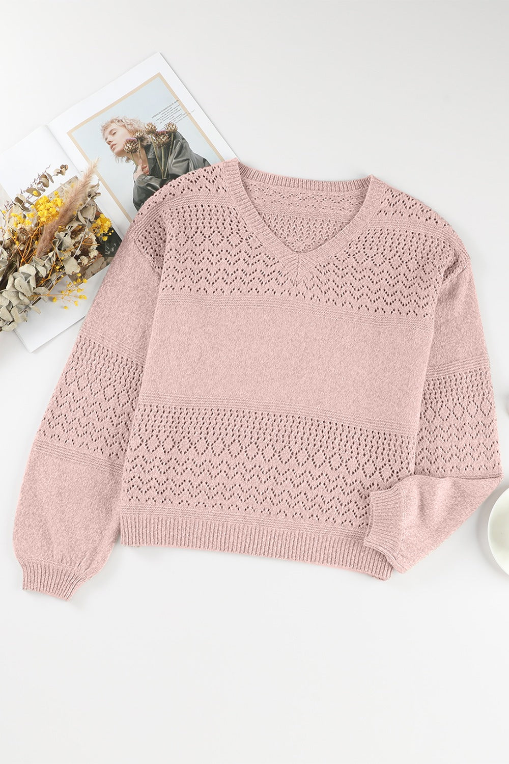 Openwork V-Neck Long Sleeve Sweater