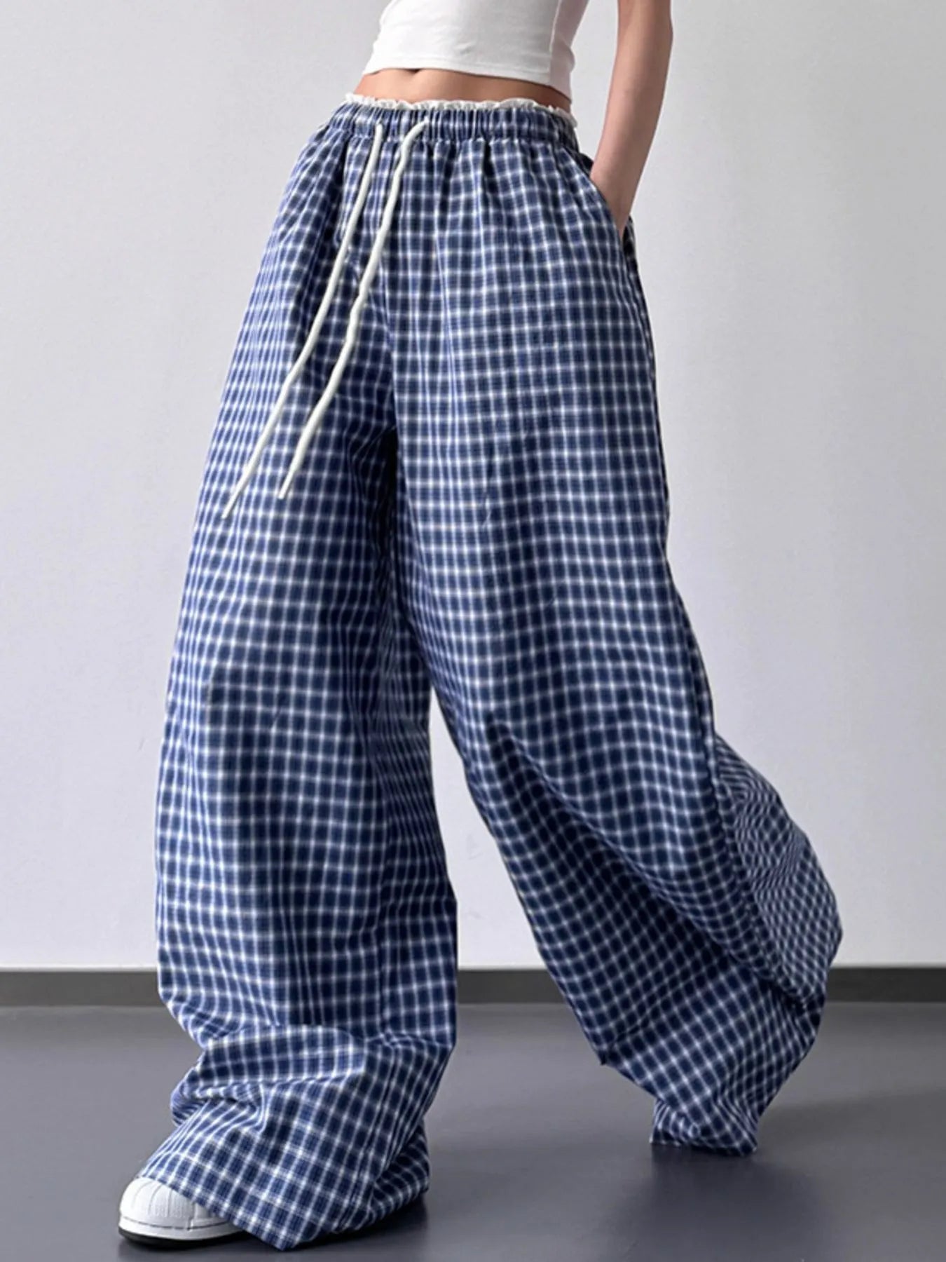 Drawstring Plaid Wide Leg Pants