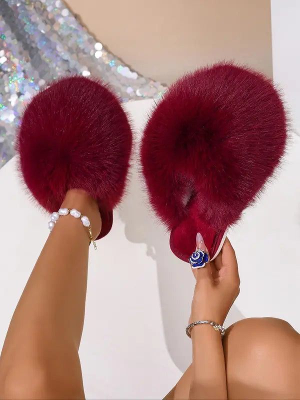 New Trendy Plush Fur Slippers, Super Cute Fashion Warm Home Shoes, Anti-Slip Thick Sole Cat-Like Feel Cotton Slippers, Christmas Gift for Girls