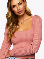 Ribbed Square Neck Long Sleeve Sweater