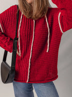Contrast Trim Textured Knit Drawstring Hooded Sweater
