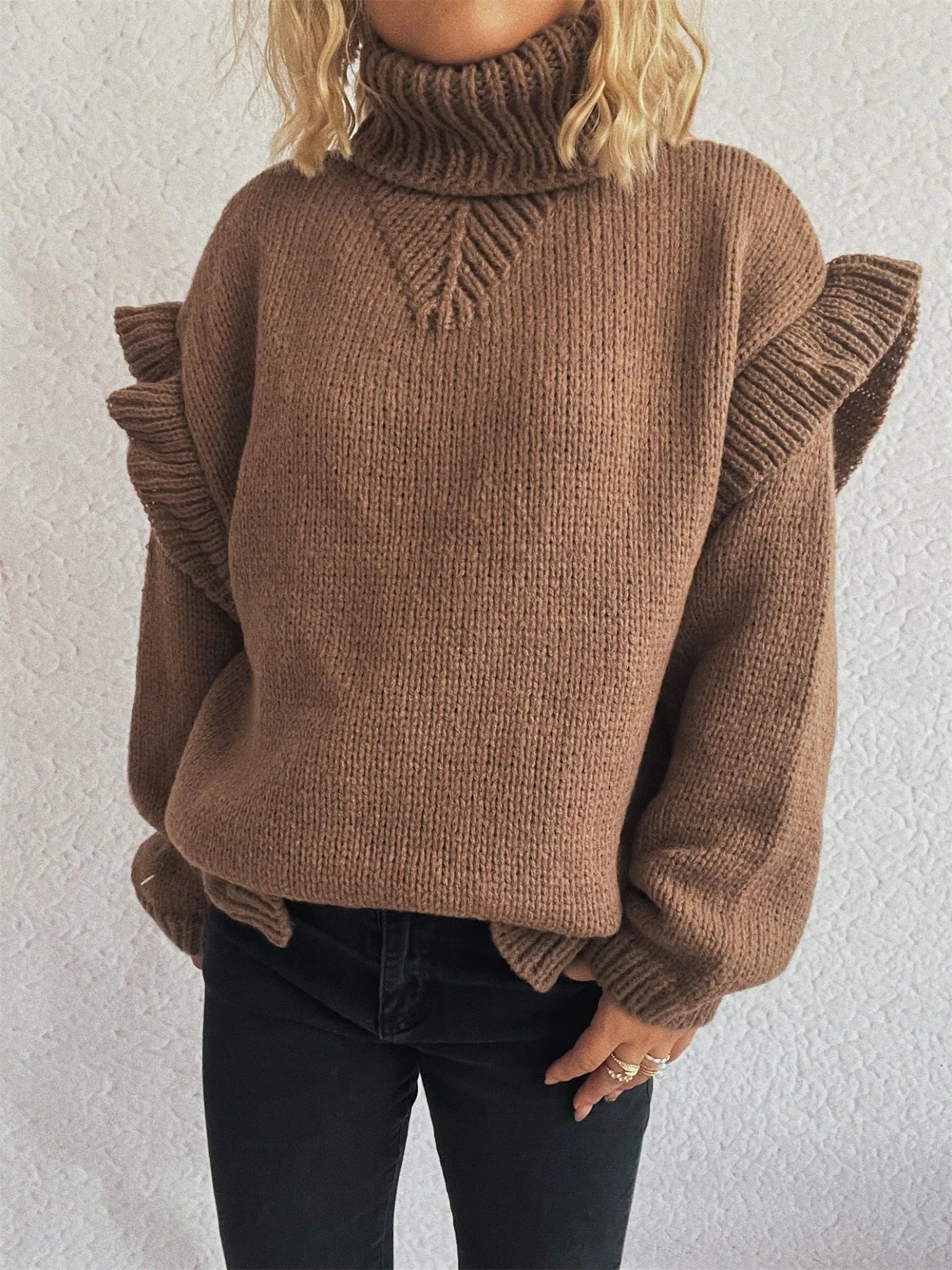 Ruffled Turtleneck Long Sleeve Sweater