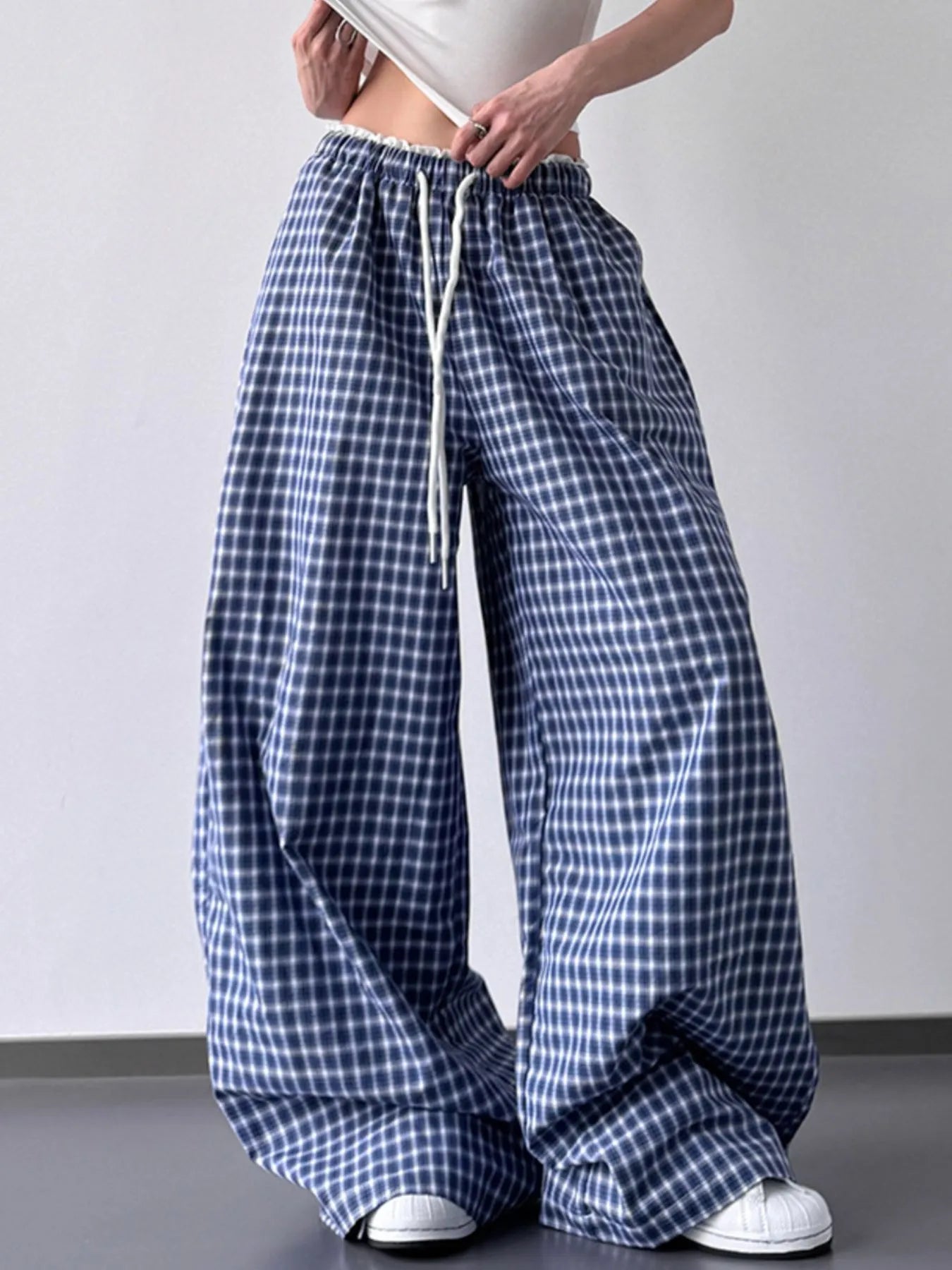 Drawstring Plaid Wide Leg Pants