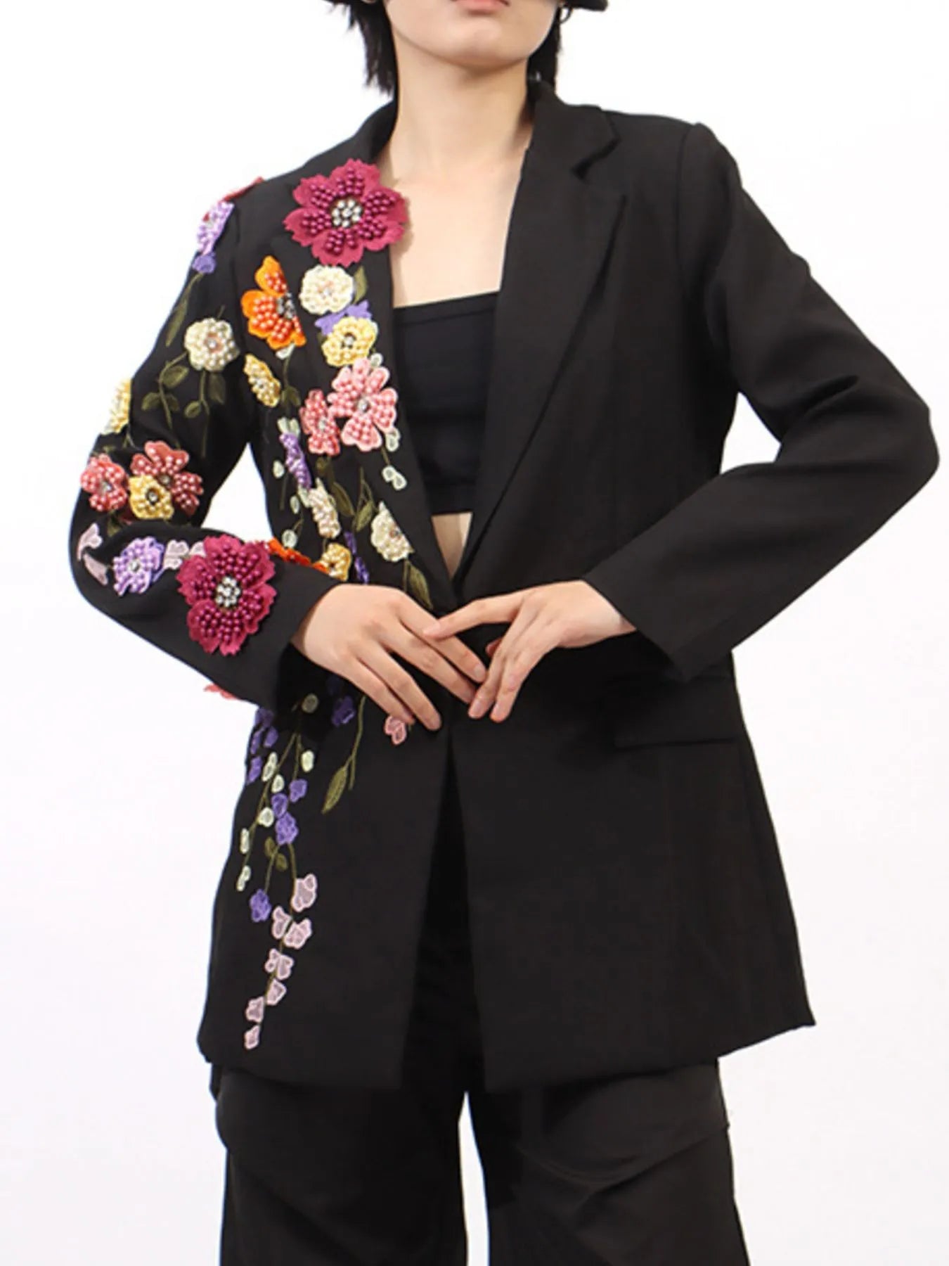 Pearl Detail Flower Lapel Collar Blazer
