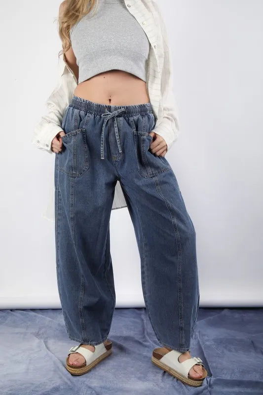 VERY J Washed Chambray Barrel Denim Pants