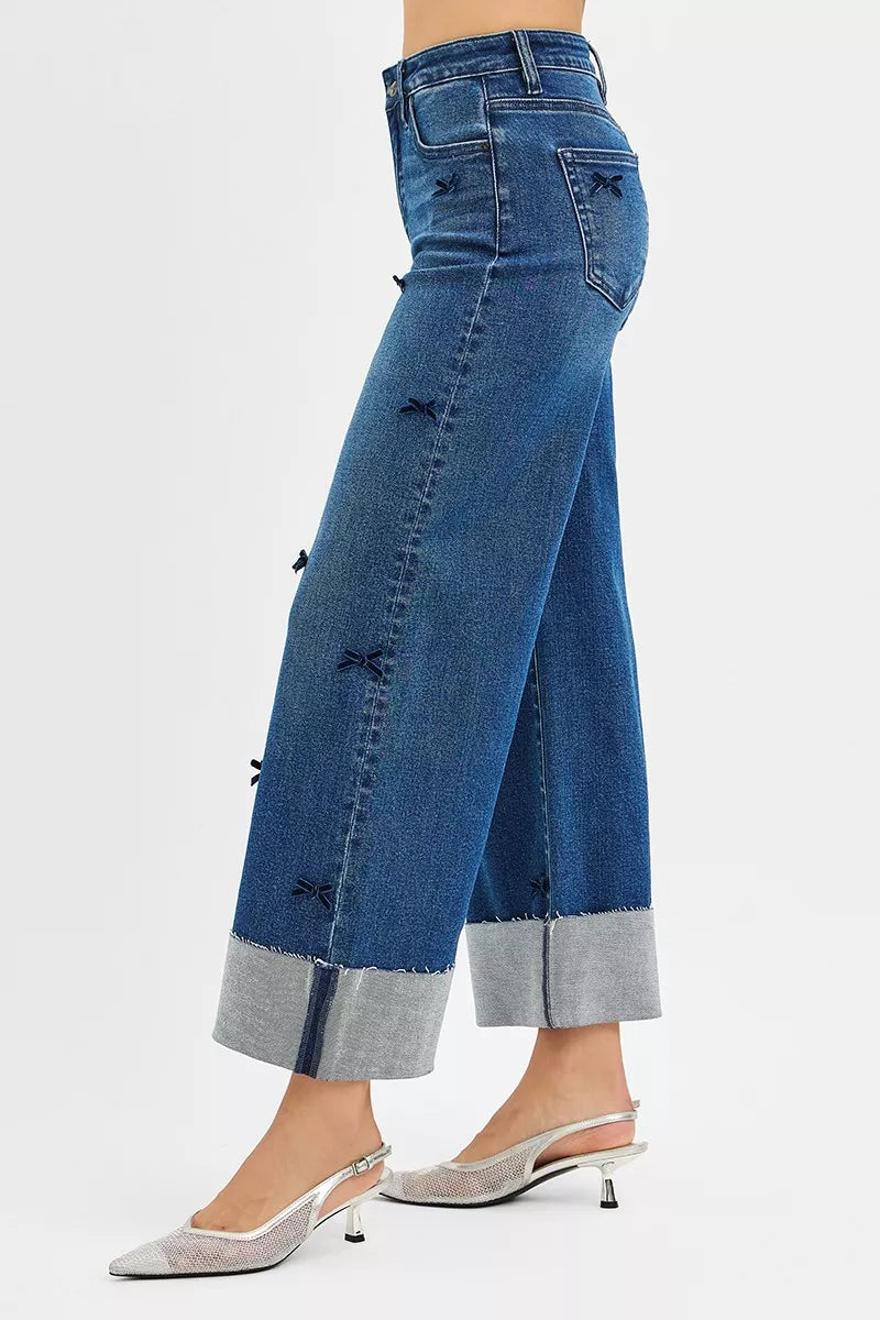 RISEN High Rise Crop Wide Leg Ribbon Detail Jeans