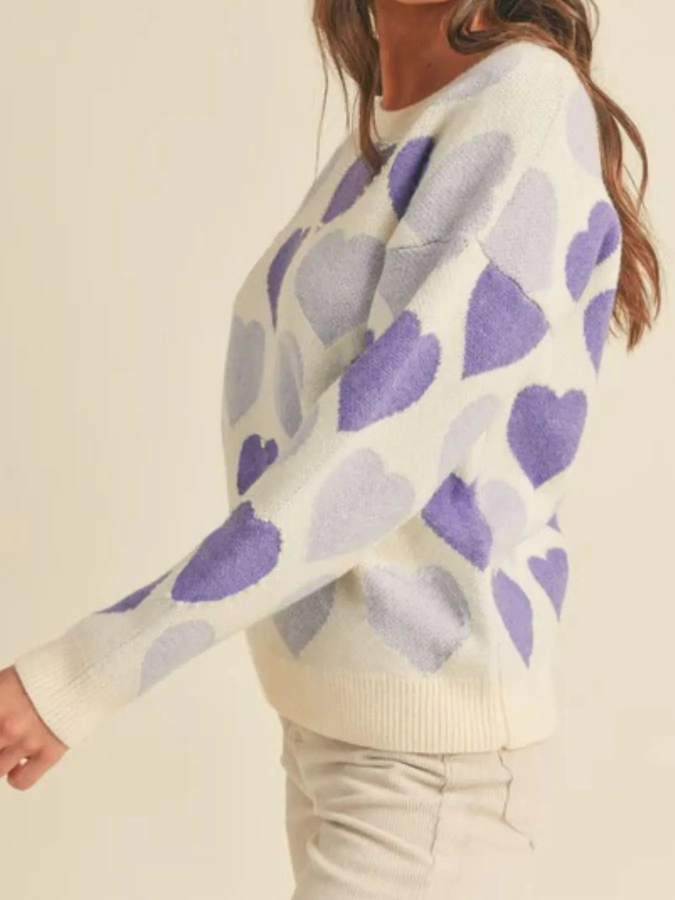 Heart Ribbed Hem Long Sleeve Sweater