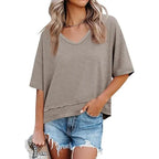 Oversize V-Neck Short Sleeve Casual Flowy Top