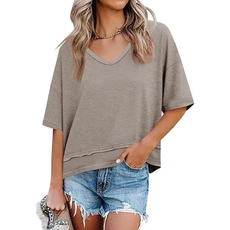 Oversize V-Neck Short Sleeve Casual Flowy Top