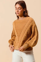SO ME Mineral Washed Loose Fit Textured Cable Sweater