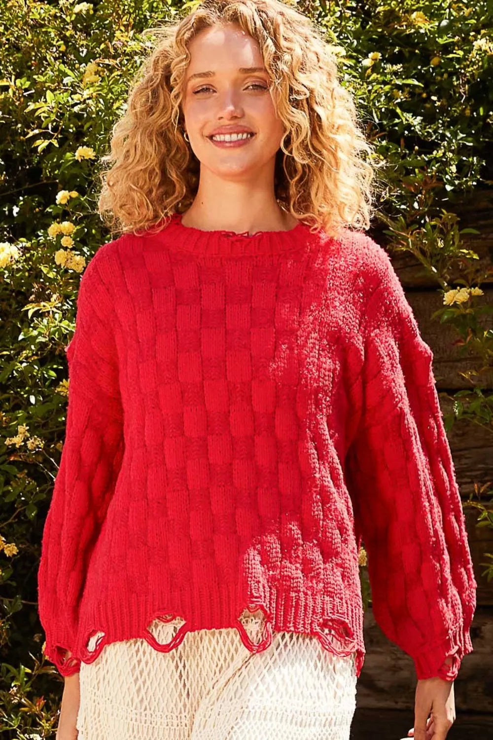 POL Checkered Distressed Edge Sweater Oversized