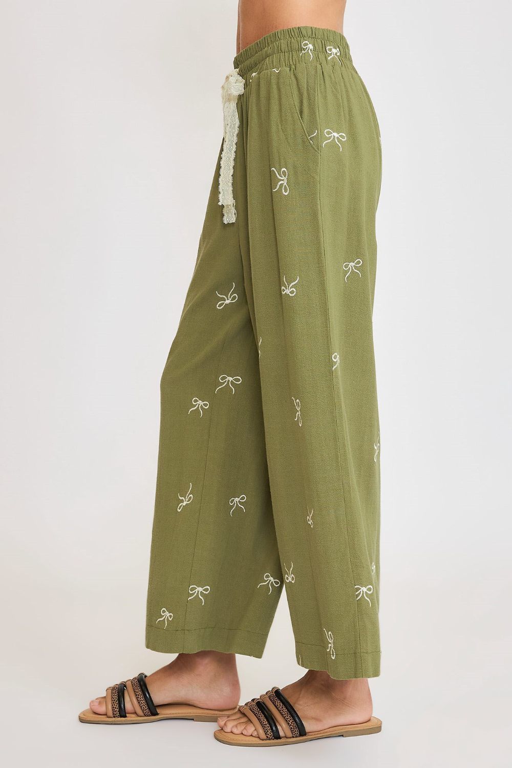 Umgee Full Size Lace Drawstring Embroidered Bow Wide Leg Pants Plus Size