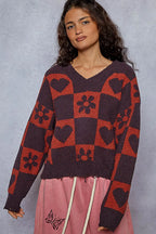 POL V-Neck Heart Pattern Checkered Sweater Oversized