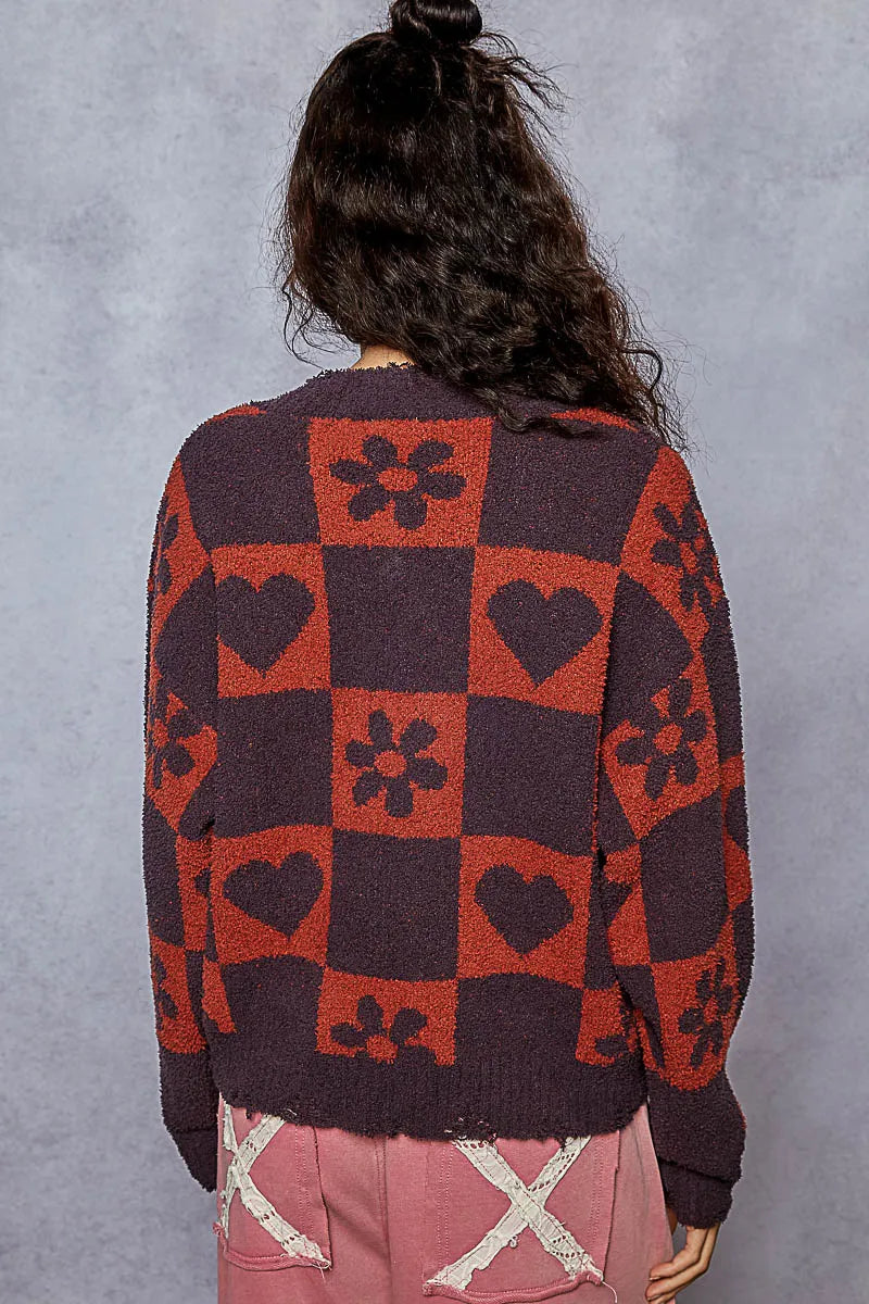 POL V-Neck Heart Pattern Checkered Sweater Oversized