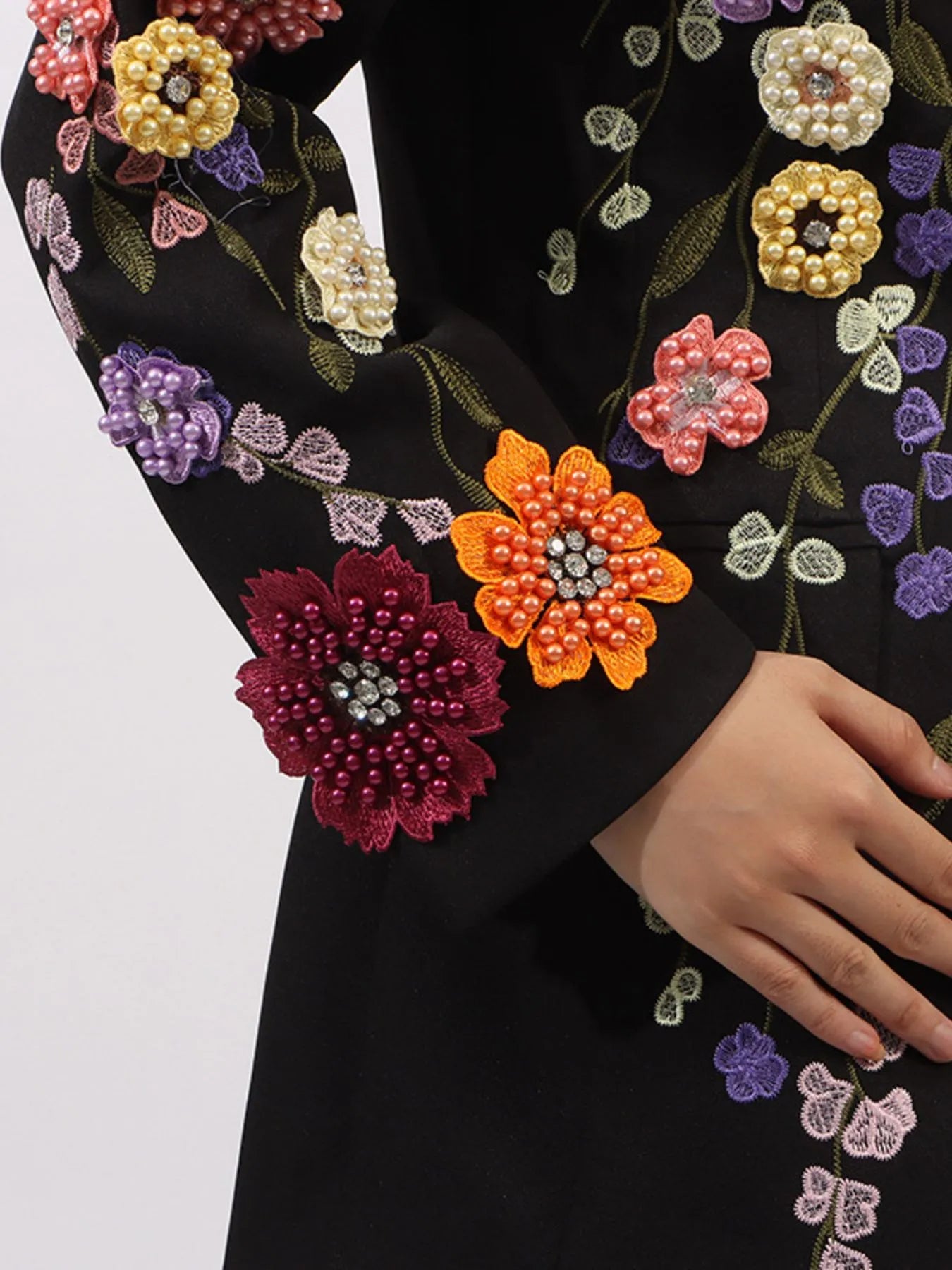 Pearl Detail Flower Lapel Collar Blazer