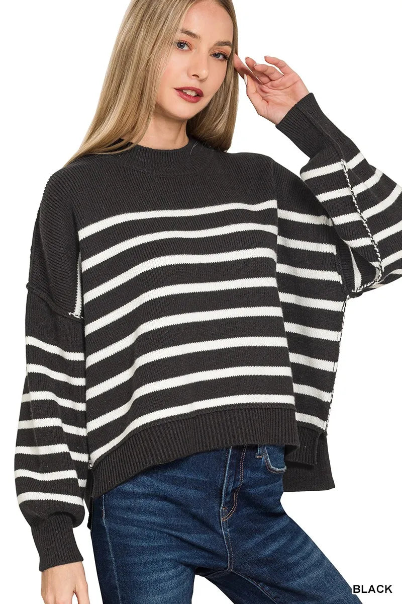 Zenana Exposed Seam Striped Oversized Sweater