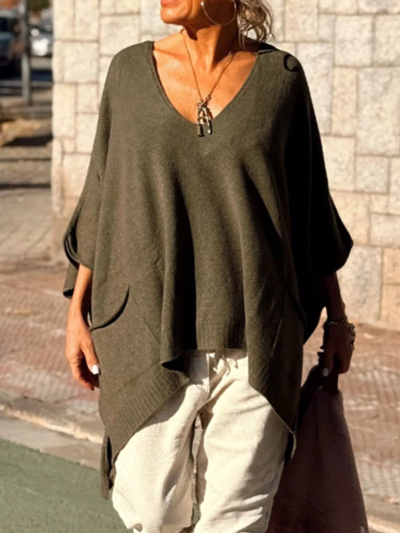 Ribbed Hem V-Neck Sweater