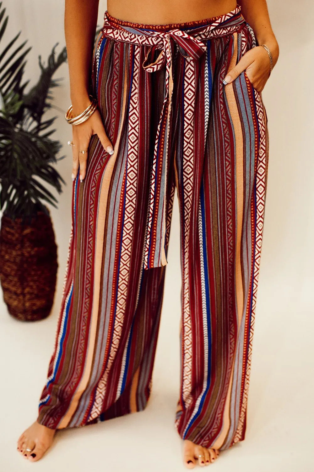 Printed Tied Wide Leg Pants Striped