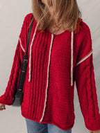 Contrast Trim Textured Knit Drawstring Hooded Sweater