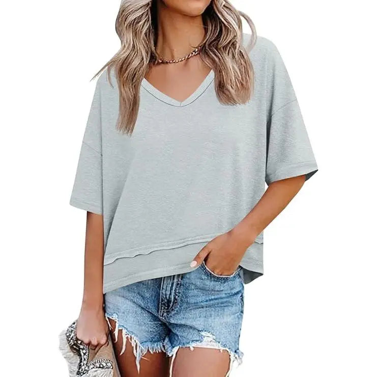 Oversize V-Neck Short Sleeve Casual Flowy Top
