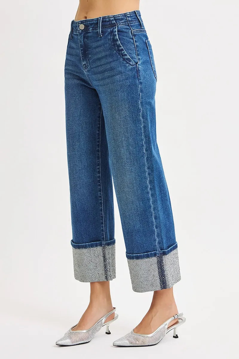 RISEN High Rise Ankle Wide Rhine Stone Cuffed Jeans