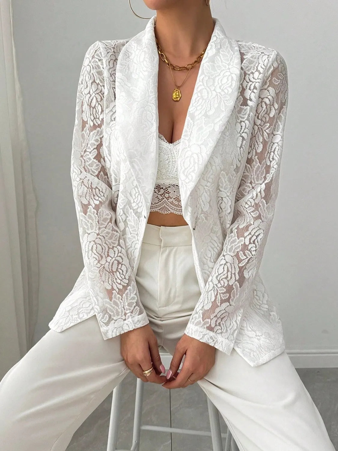 Lace Lapel Collar Long Sleeve Blazer