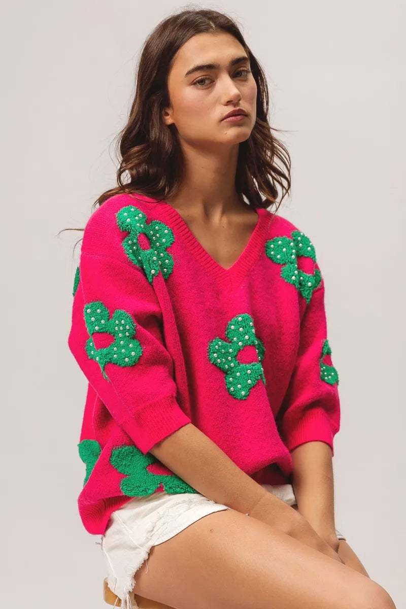 BiBi Pearl Beads Flowers Sweater Top